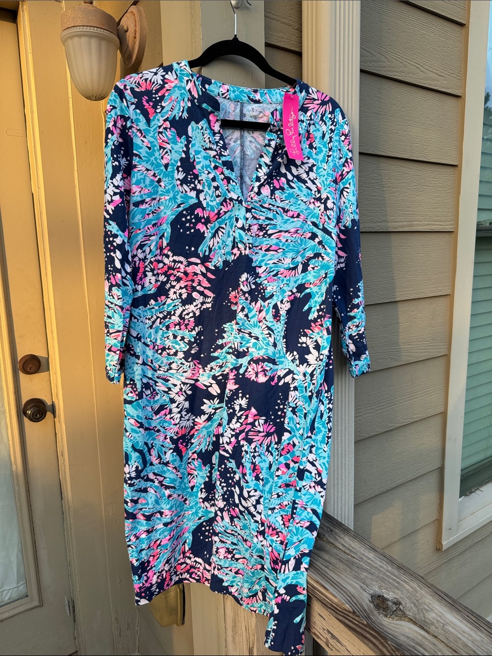 Lilly Pulitzer Navy Floral V-Neck Tunic with Aqua and Pink Accents